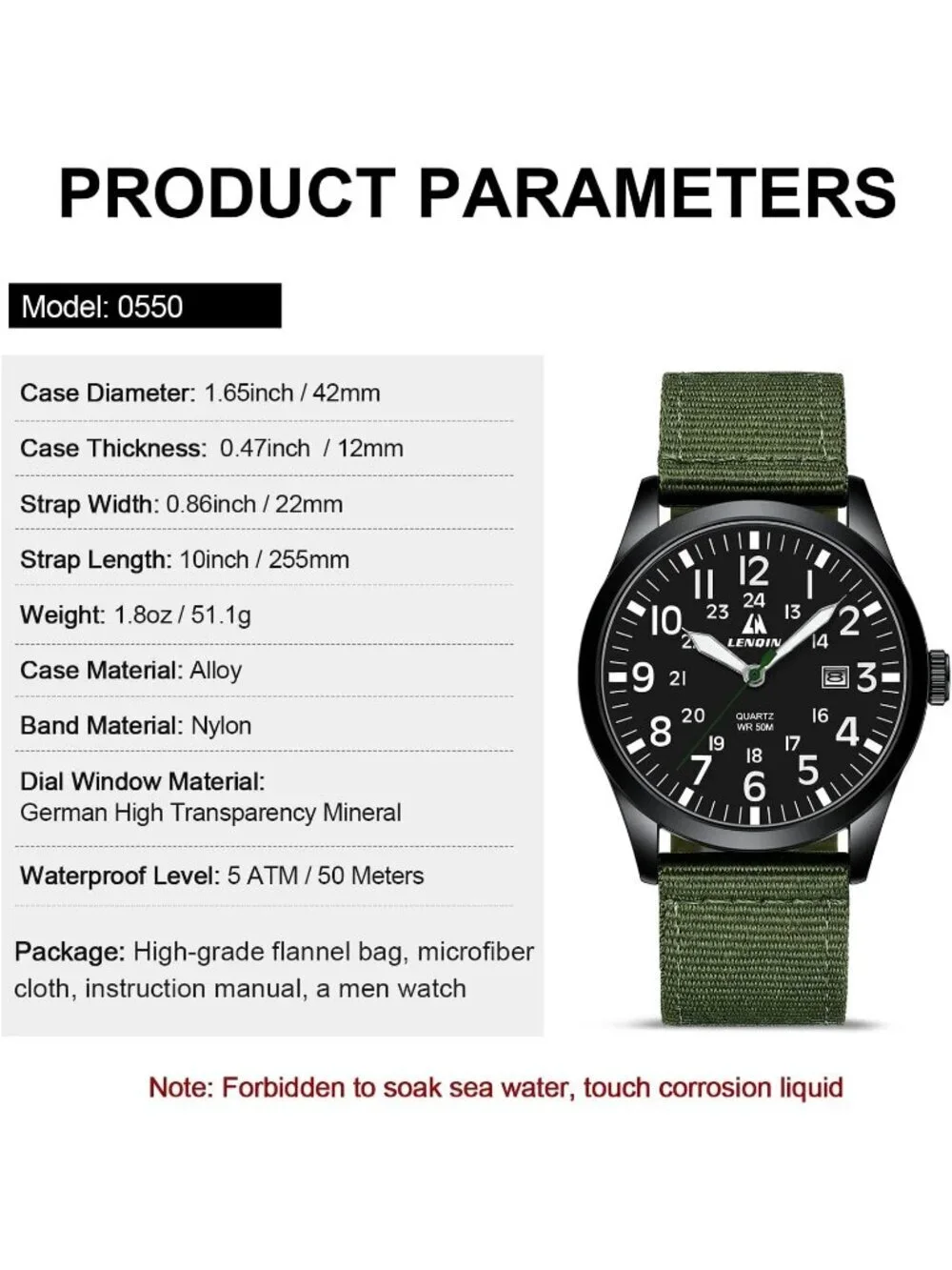 Men's Black Green Nylon Strap Stylish Luminous Unisex Military Tactical Watch